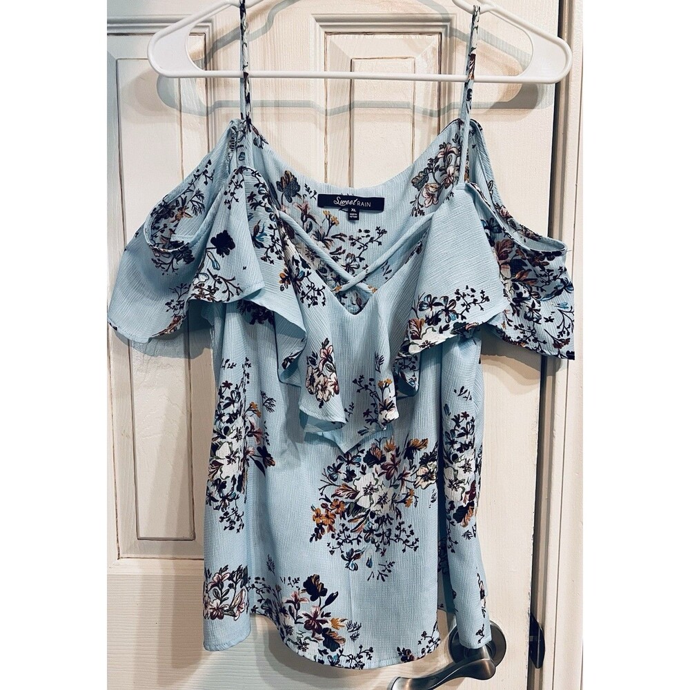 Sweet Rain XL Aqua Floral Cold Shoulder Ruffle Crisscross Boho V-Neck Top NWT